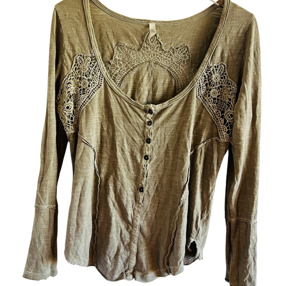 Free People Olive Green Lace-Accent Long Sleeve Top